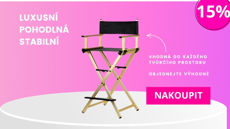 Luxusní zlatá makeup židle, pohodlná a stabilní, ideální pro profesionální a kreativní prostory.